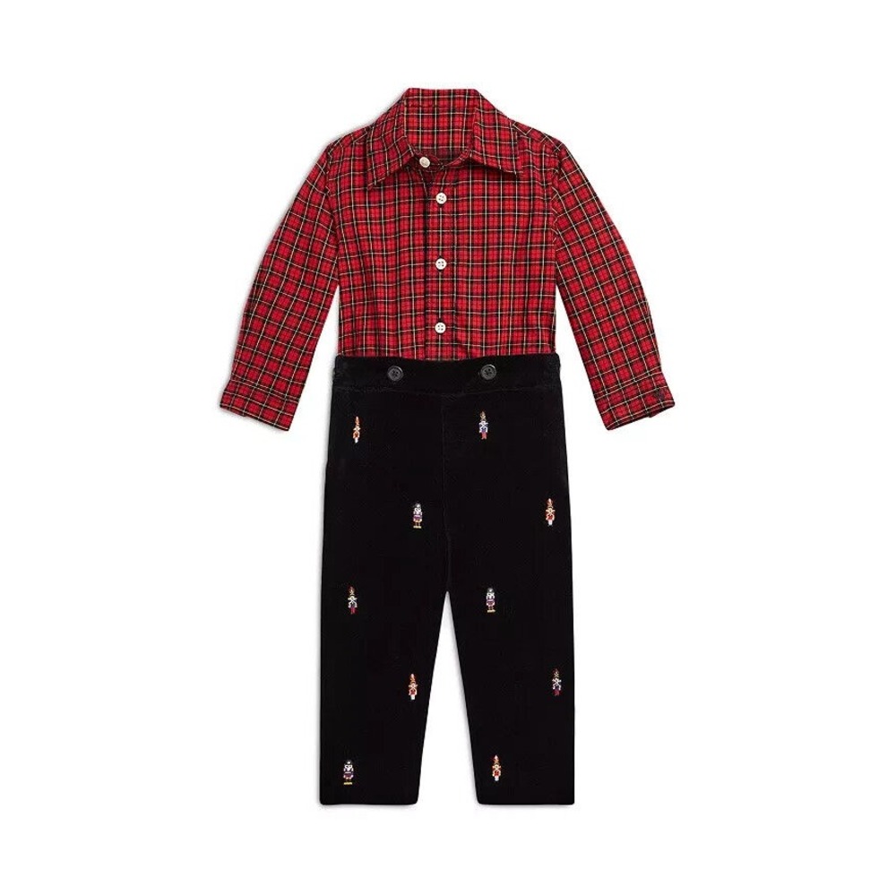 Ralph Lauren Boys Plaid Shirt & Nutcracker Embroidered Velvet Pants Set 12M $250